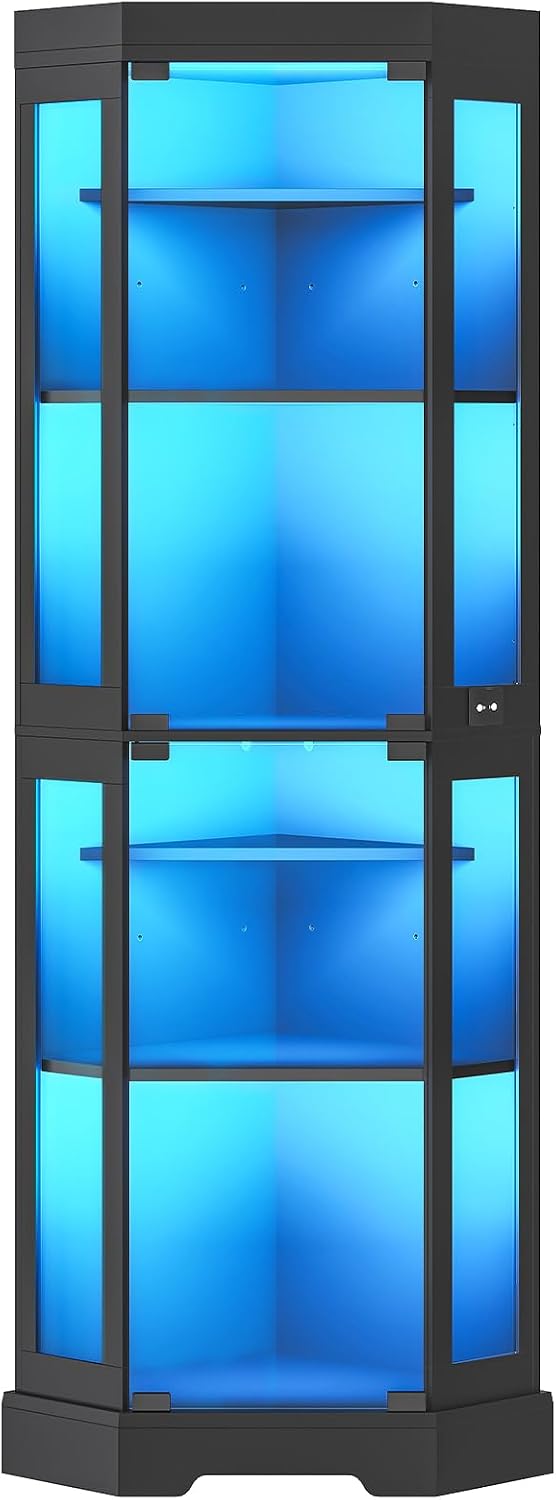 HOOBRO Corner Display Cabinet with Glass Doors, 171 cm Glass Display Cabinet with LED Lights, 6-Tier Curio Cabinets for Collectibles, Books, Modern Display Case Corner Bookcase, Black EBK02DDC01