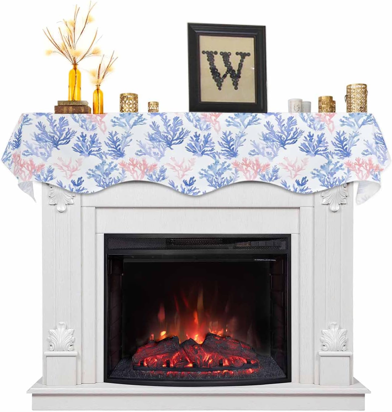 Christmas Mantle Scarf 70x17 Inch, Blue Pink Coral Fireplace Decorations Winter Xmas Mantel Cover Runner, Summer Coastal Beach Ocean Thanksgiving Fireplace Decorations for Living Room