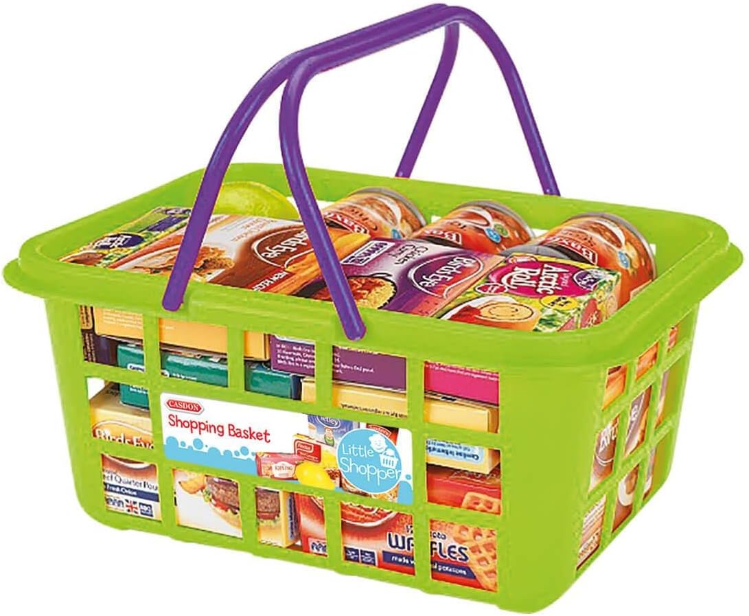 CASDON Shopping Basket | Colourful Toy Shopping Basket for Children Aged 2+ | Comes with Miniature Versions of Popular Branded Foods!