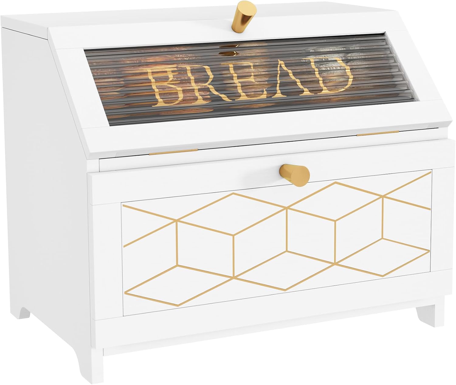 HOLTICO Double Layer Bread Box With Golden Trim for Countertop, Wooden Bread Container for Kitchen Counter, Corner Bread Storage (White)