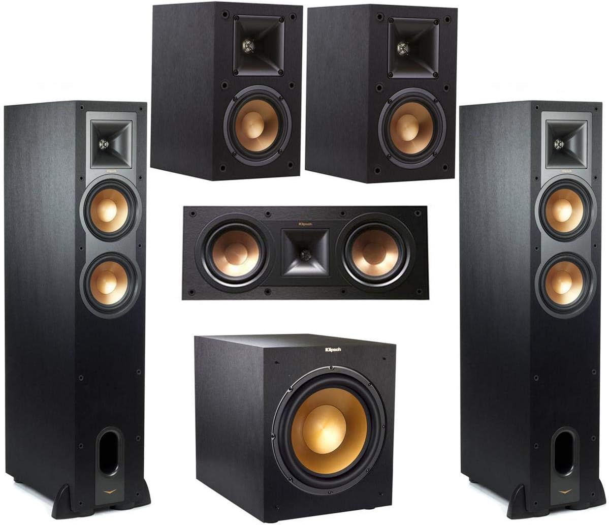 Klipsch Reference 5.1 Home Theater System - Bundle with 2X R-26FA Floorstanding Speaker, 2X R-41M Bookshelf Speaker, R-25C Channel Speaker, R-12SW Subwoofer