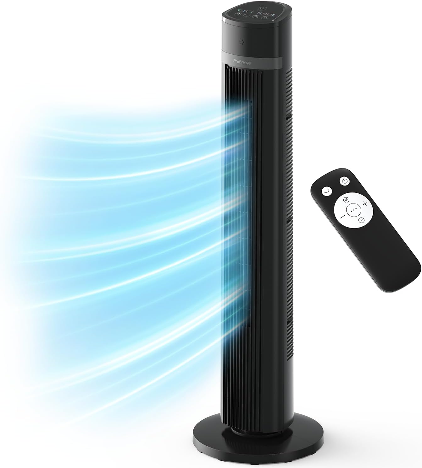 Pro Breeze 40-Inch Silent Bladeless Tower Fan with Remote Control, 90° Oscillation, 15H Timer, 4 Modes, 3 Speeds - Powerful Electric 45W Motor Standing Fan - Portable Quiet Fan for Bedroom, Black