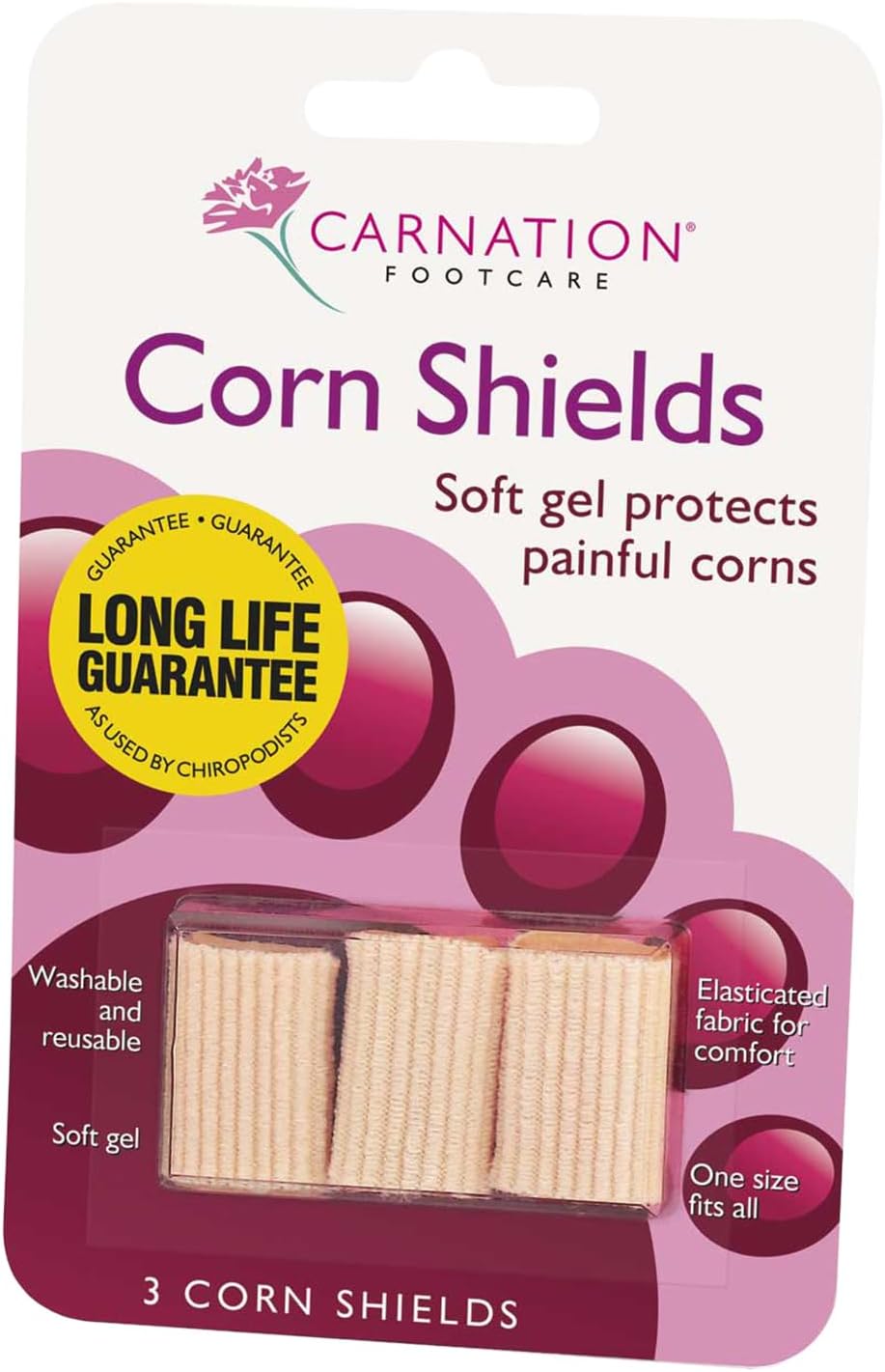 CARNATION FOOTCARE Corn Shields, pack of 3; Slim design, elasticated fabric outer, stretches to fit all sizes; With mineral oil to soften skin, helps to prevent pressure