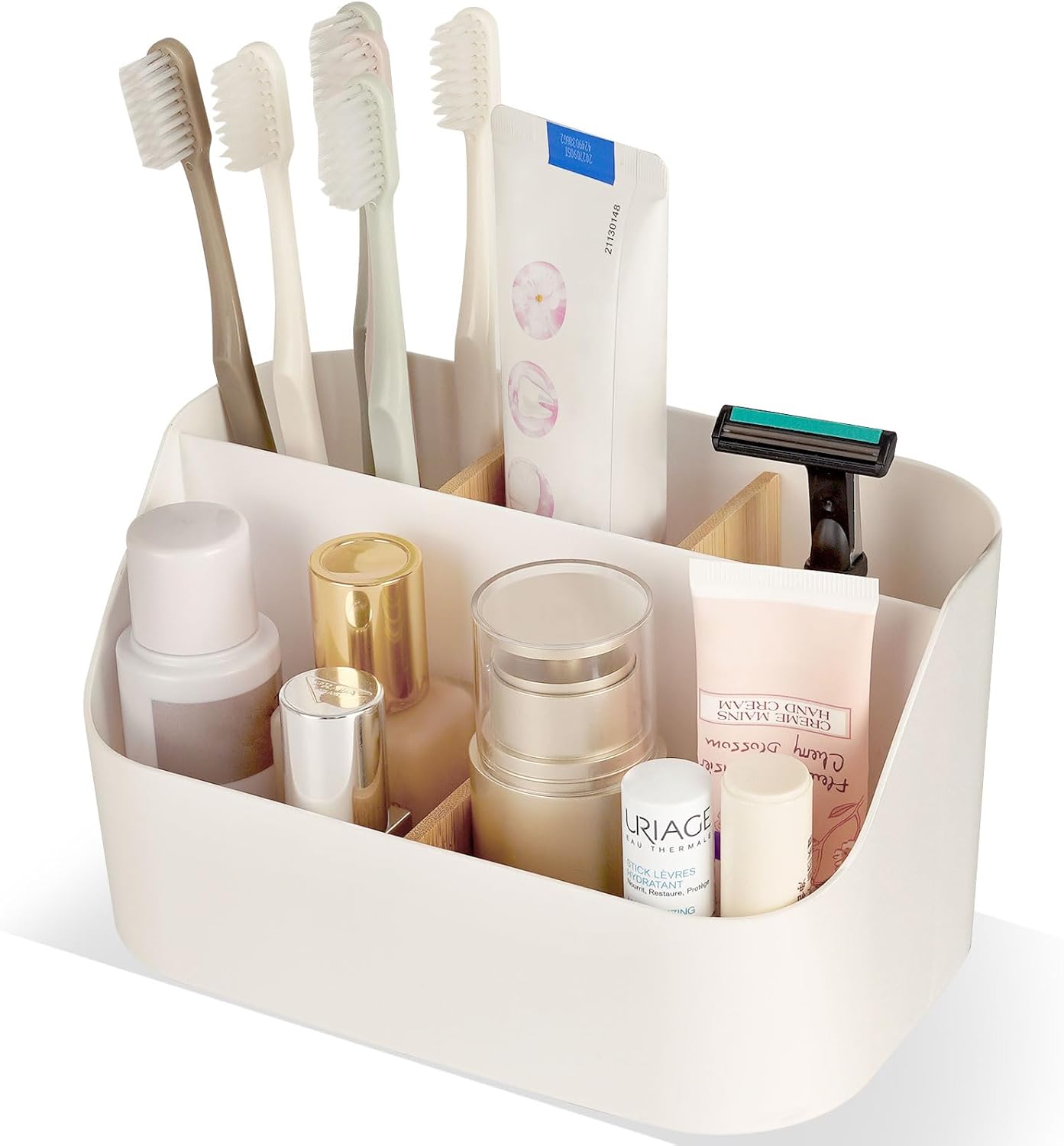 RISEMART Toothbrush Holder with Removable Bamboo Dividers, Electric Toothbrush Holder with 5-Compartment Bathroom Storage, Multifunctional Bathroom Organizer & White Toothbrush Caddy