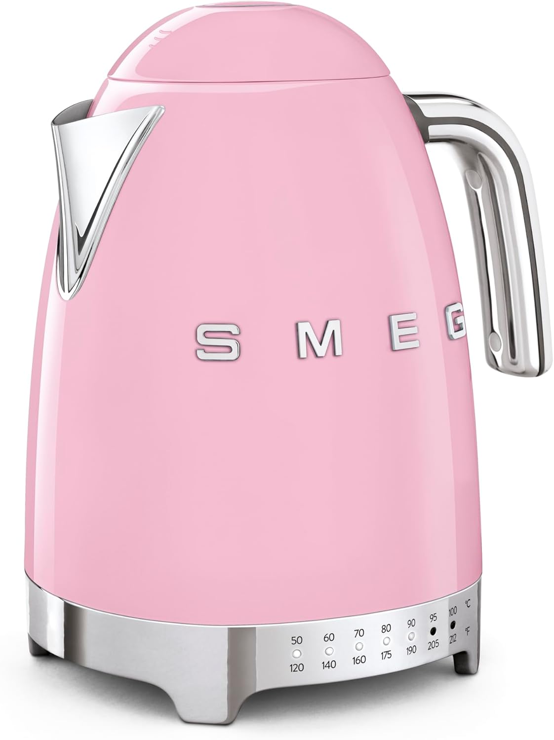 Smeg 50's Retro 7 Cup Stainless Steel Variable Temperature Electric Kettle with 7 Temperature Settings, Led Display, Swivel Base and Keep Warm Function Pink KLF04PKUS
