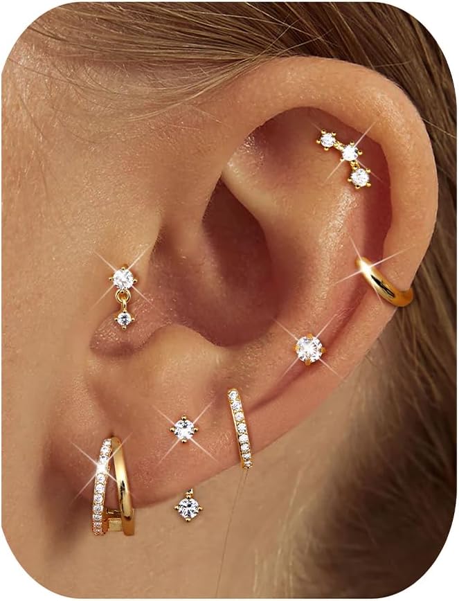 BESTEEL Small Stud Hoop Earrings for Women - 7 Pairs Hypoallergenic 14K Gold Plated Huggie Earring Sets for Multiple Piercing Dainty Earring Stacks Cute Silver Cartilage Jewelry Trendy Gifts