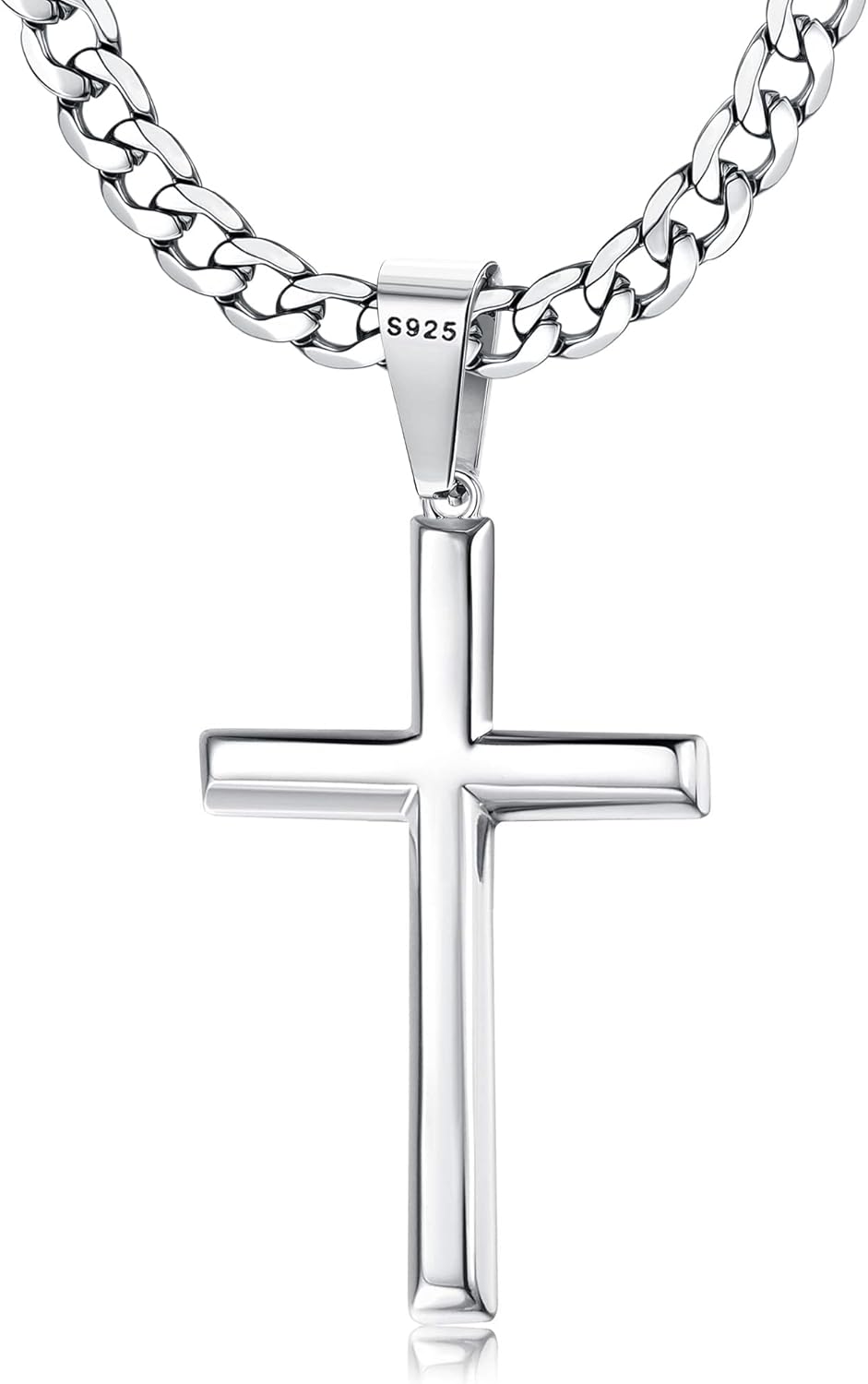 Chriscoco 925 Sterling Silver Cross Pendant Necklace for Men Women 5mm Stainless Steel Diamond-Cut Durable Cuban Link Chain Crucifix Necklace Polished Beveled Edge Cross Chain Necklace Jewelry