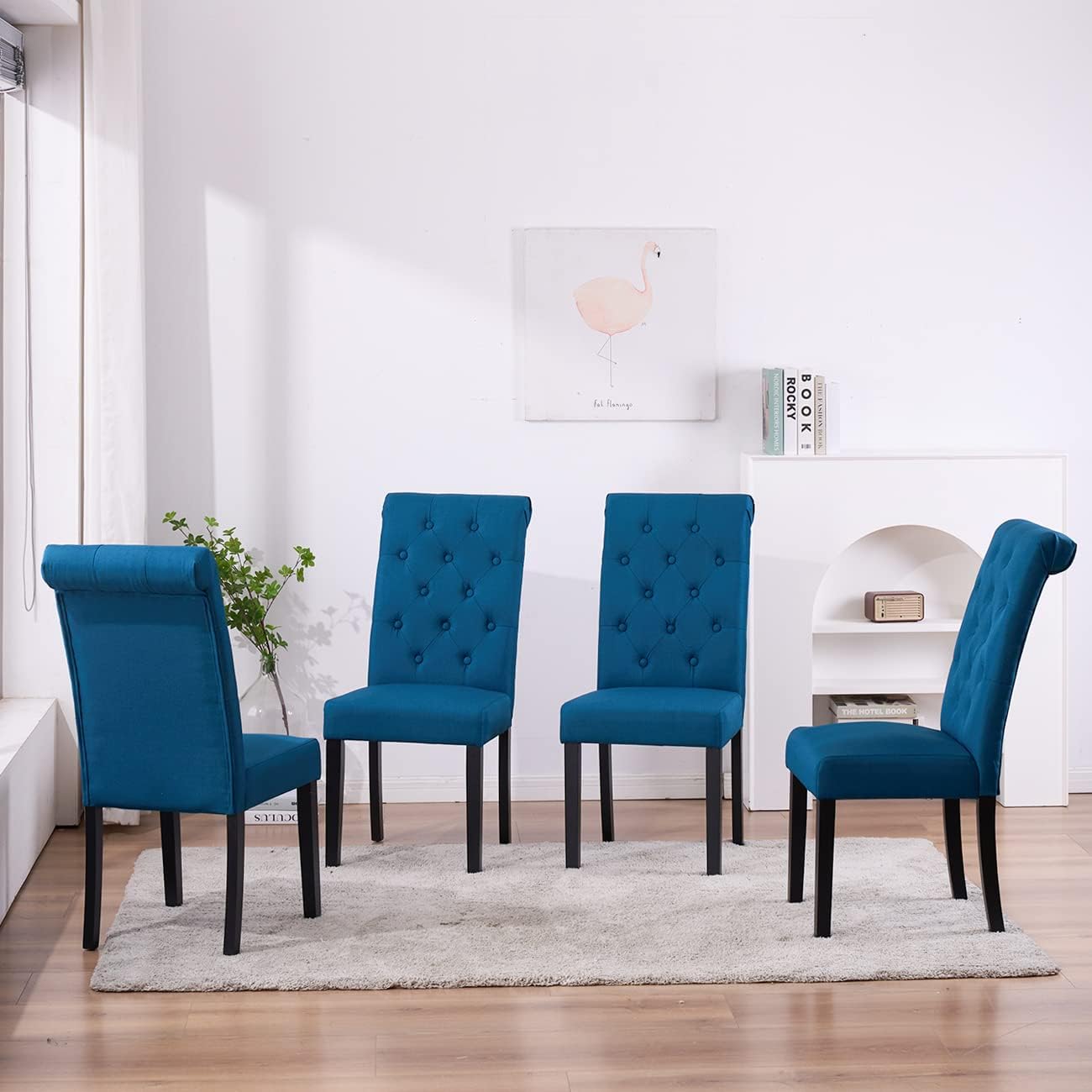 Padding Dining Chair, Set of 4 Wooden Leg High Back Dining Chair Upholstered Fabric Dining Room Chairs Kitchen Chairs