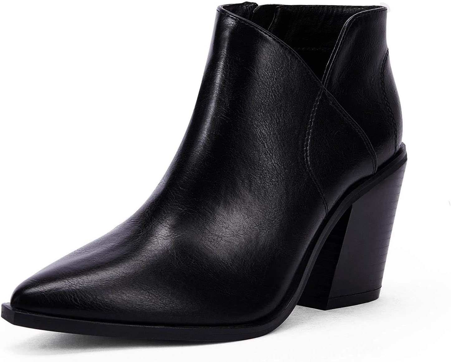 Womens Pointed Toe Ankle Boots Block Stacked Chunky Heel Cutout Side Zipper Fall Booties Shoe