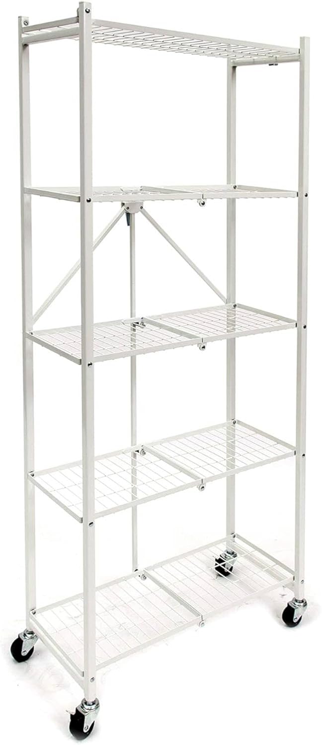 Origami RPR 5-Tier Slim Pantry Rack, Foldable Steel Shelf with Wheels, White