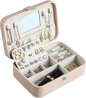Portable Travel Jewelry Organizer,Odourless Jewelry Box with Mirror,Leather Jewellery Organizer for Rings Earring Lipstick,Jewelry Boxes for Women and Girls(Pink)