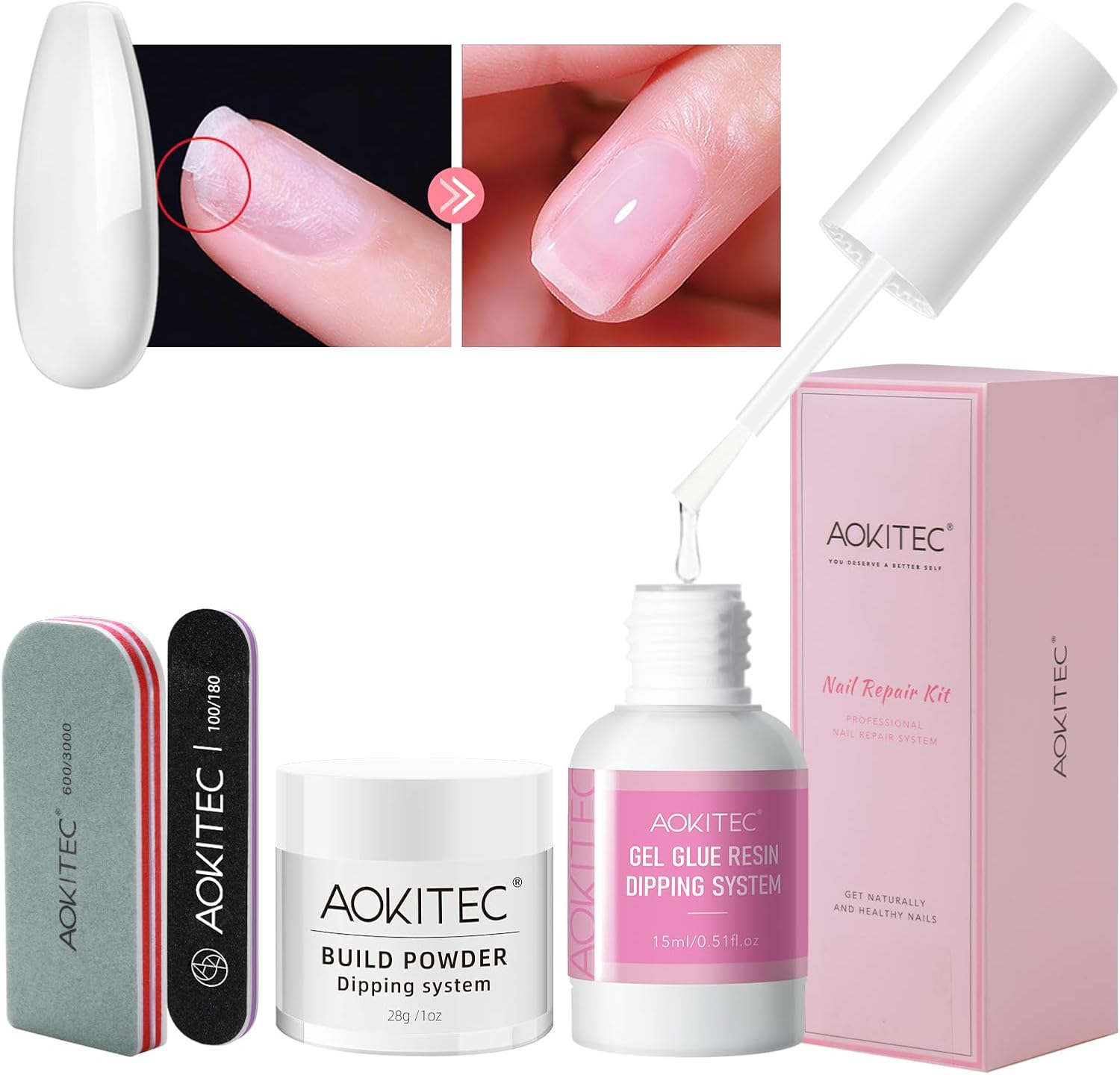 Aokitec 4 PCS Dip Powder Nail Repair Kit for Broken Natural Nails, 28g Dipping Build Powder & Nail Repair Glue, Quick Nail Repair Nail Hardener Nail Strengthener Treatment for Damaged Weak Split Nails