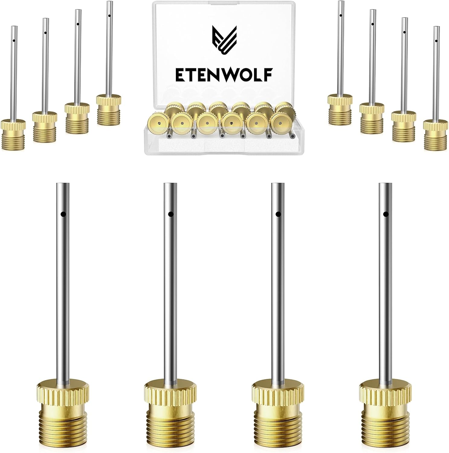 ETENWOLF 12 Pack Brass Ball Pump Needles, No Break Heavy Duty Air Pump Needles for Balls with Storage Case, Compatible with Hand Pump and Electric Pump, Stainless Steel Body