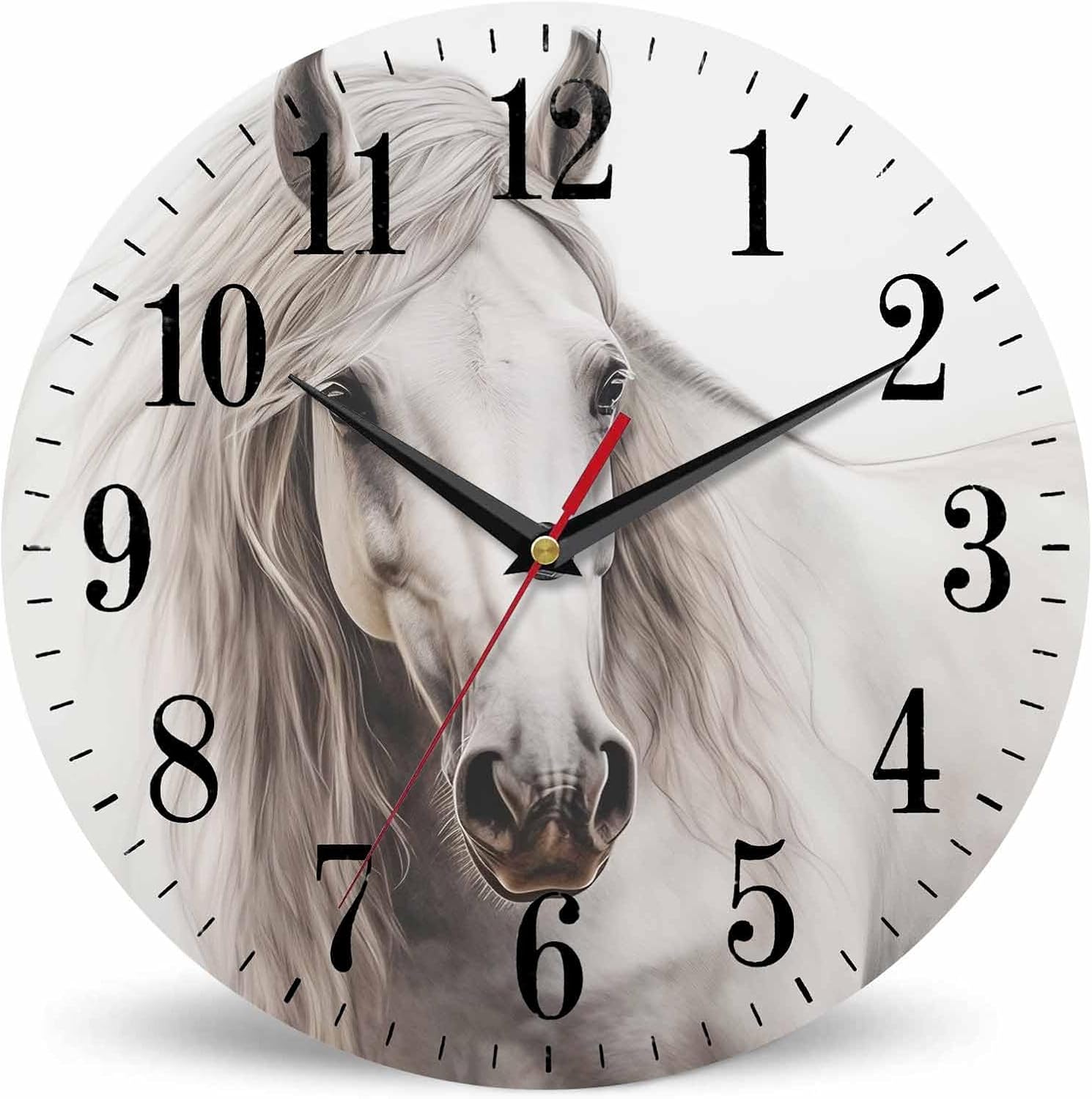 Mxocom White Horse Portrait Wall Clock Classical Oil Horse with Smooth Skin and Fur 10 Inch Silent Non Ticking Battery Operated Clock Vintage Round Clock for Living Room Bedroom Bathroom Office Decor
