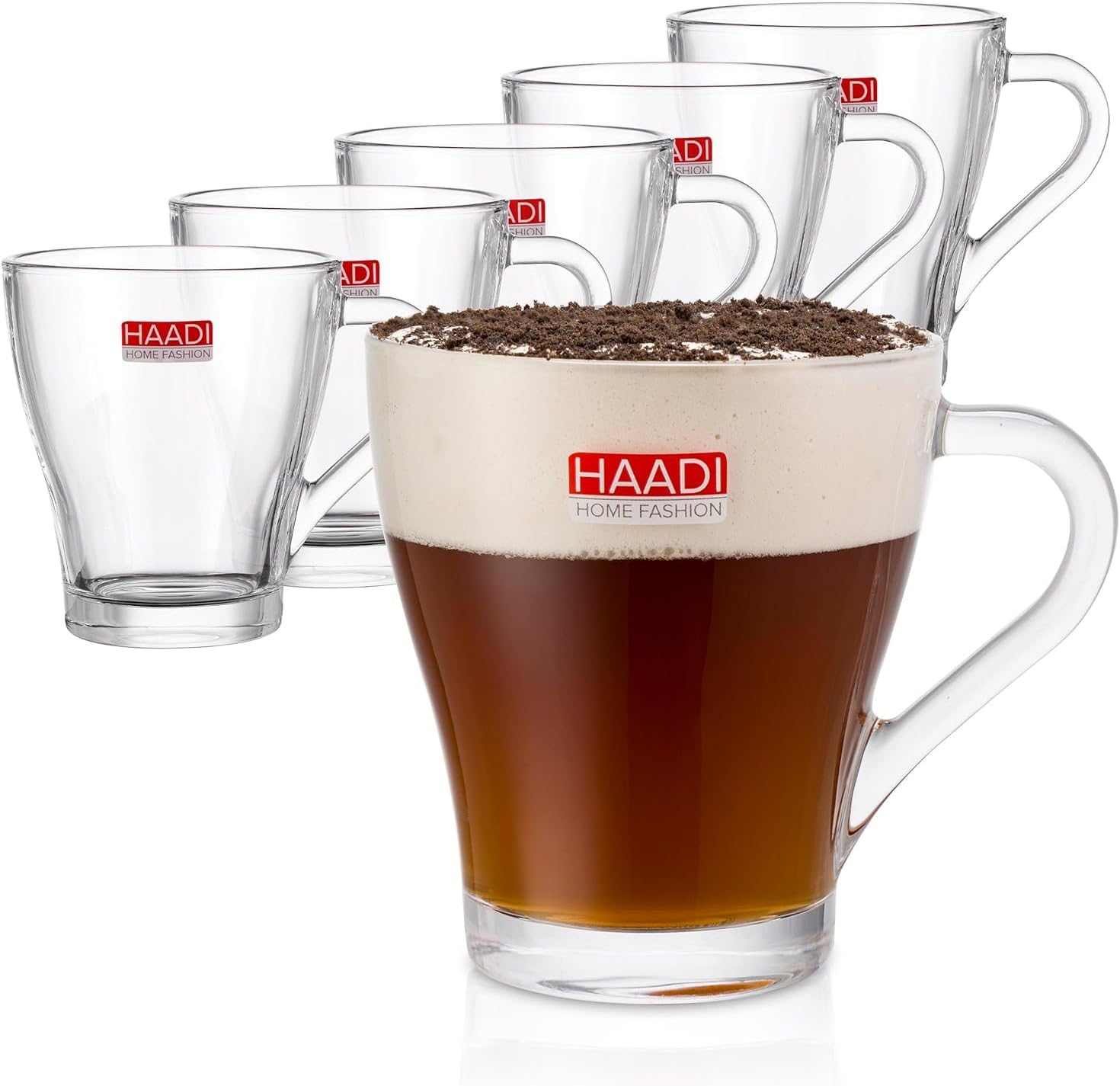 HAADI Glass Coffee Mugs for Hot & Cold Drinks with Handles Set of 6-260ml Double Espresso Clear Tea Latte Cup Durable, Dishwasher Safe, Rolled Rim & Thick Bottom