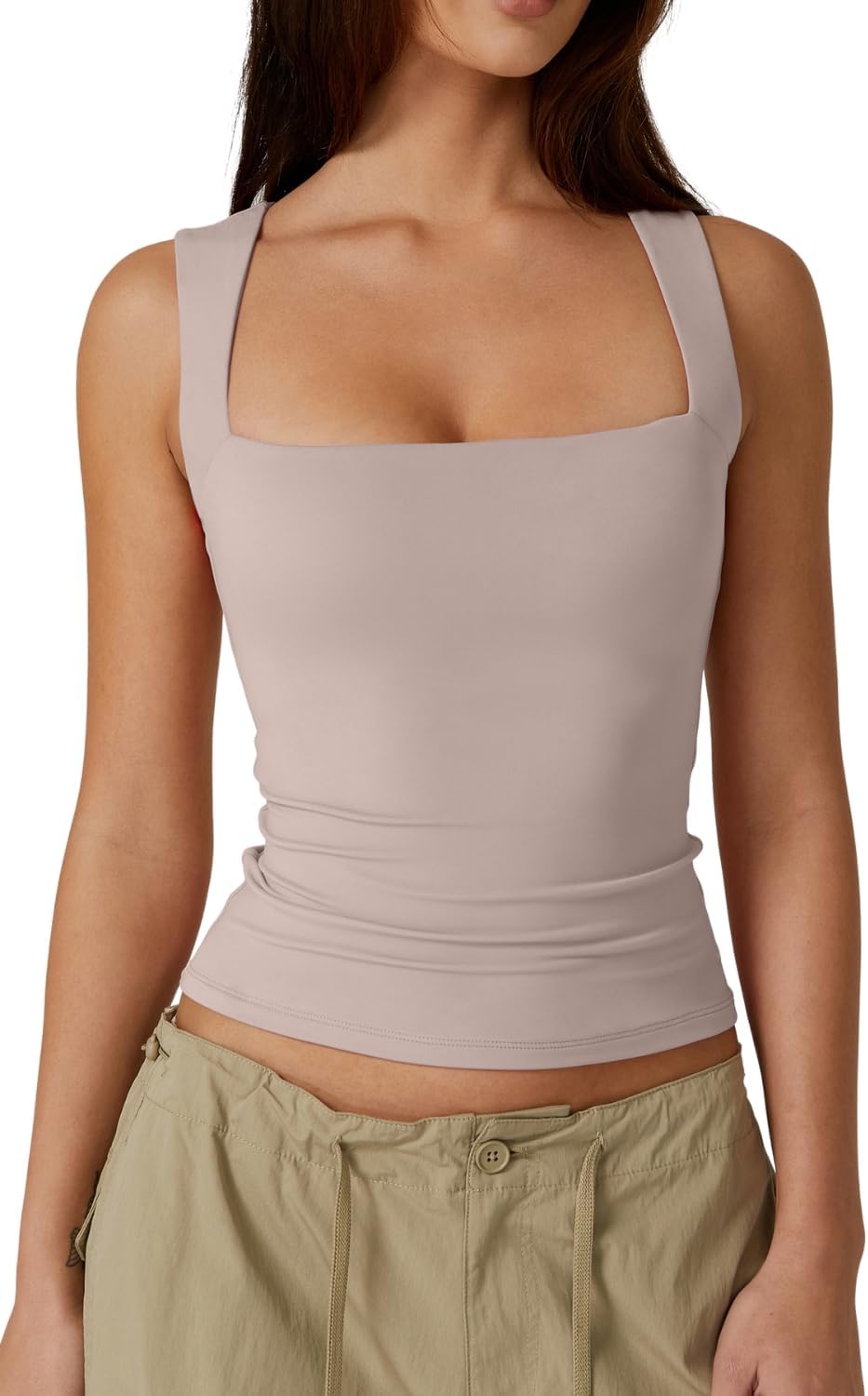 QINSEN Women's Square Neck Sleeveless Double-Layer Tank Tops Basic Tight T Shirts