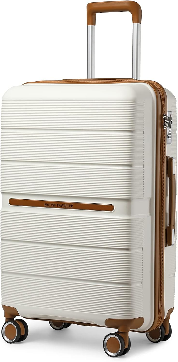 British Traveller 28" Large Suitcase Check in Hold Luggage Lightweight Polypropylene Hard Shell Luggage Durable Travel Suitcase with TSA Lock and 4 Spinner Wheels(White, 76cm 92L)