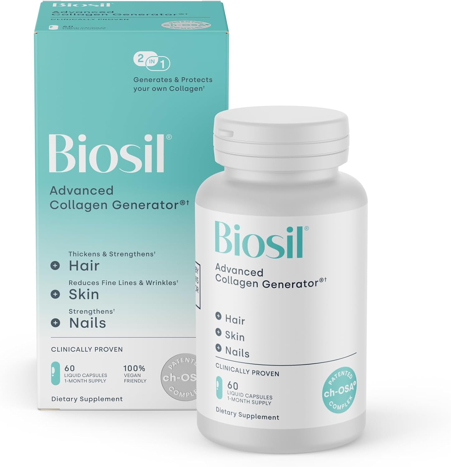 Biosil Collagen Booster Supplement - 60 Vegan Capsules - Patented ch-OSA Activator for Skin, Hair, Nails & Joints - Supports Natural Collagen Production - 30-Day Supply