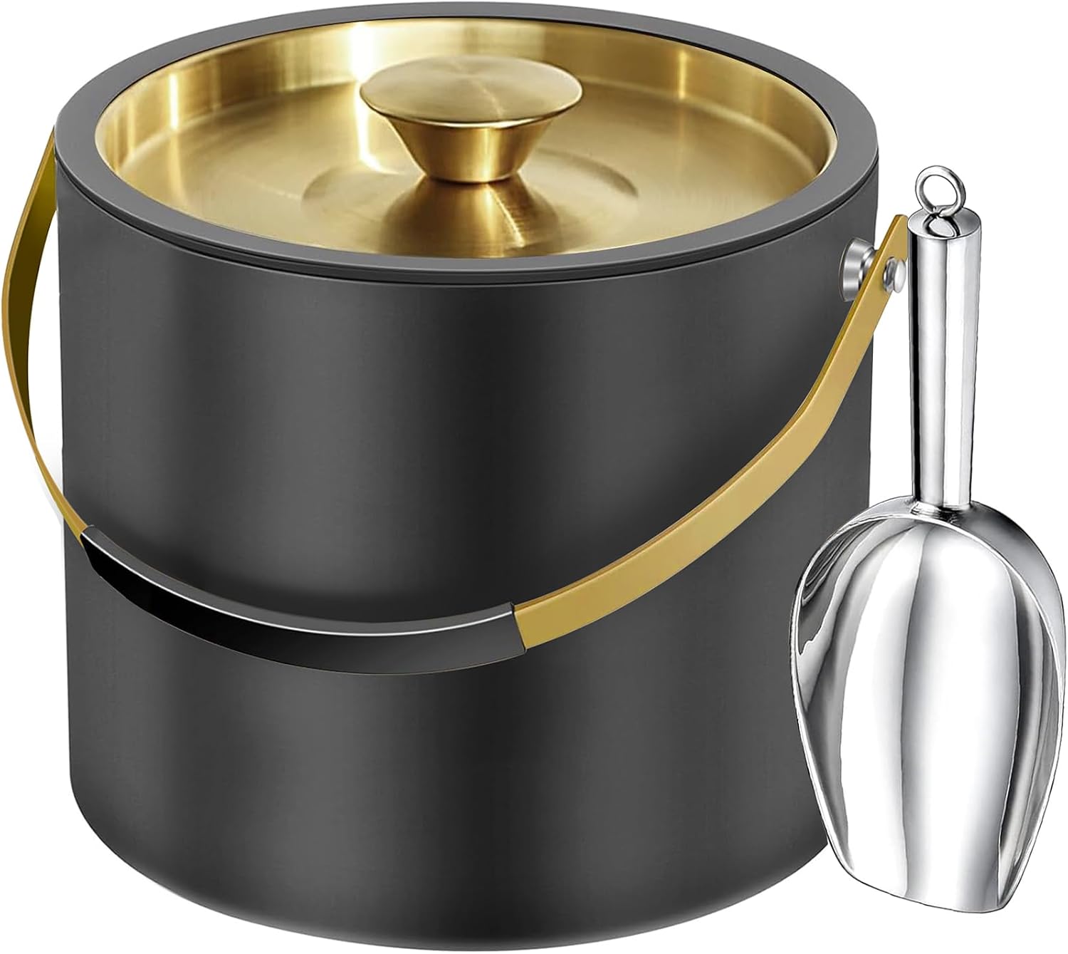 3.2L/3.4Qt Modern Insulated Ice Bucket with Lid, Scoop | Double Wall Stainless Steel, for Parties & Cocktail Bar Black