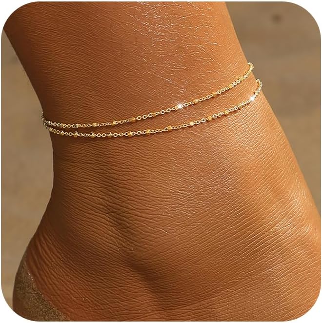MFRYK Gold Ankle Bracelets for women,14k Gold/Silver Plated Waterproof Layered lightweight Cuban Link Figaro Chain Heart anklet butterfly anklet Pearl Ankle Bracelets Set Gold Anklets for women Trendy Jewelry Gift for Women