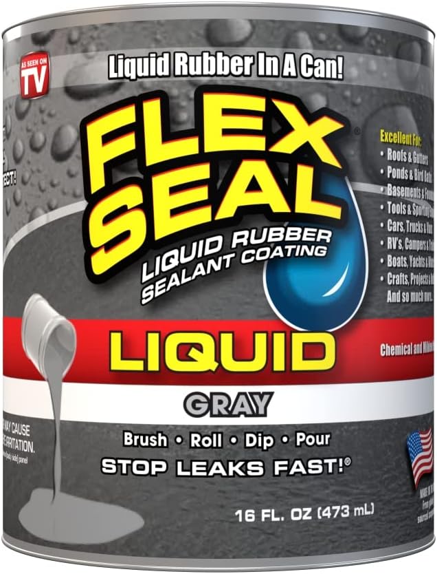 Flex Seal Liquid, 16 oz, Gray, Liquid Rubber Coating Sealant, Waterproof, Flexible, Breathable, and UV Resistant, Roof Repair, Basements, RV, Campers, Trailers, Marine, EPDM, Masonry