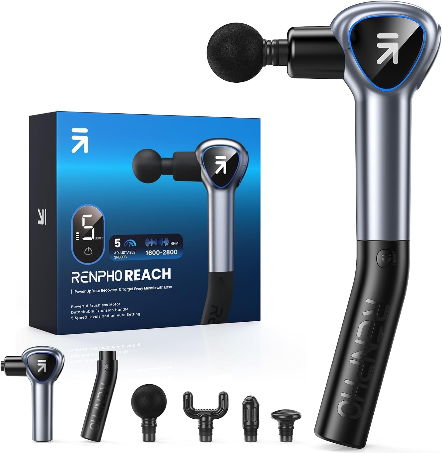 Renpho Massage Gun Deep Tissue, FSA HSA Eligible, Valentine Gifts, Back Massager for Pain Relief with Long Extension Handle, Percussion Handheld Mini Muscle Massagers Cordless for Athletes Neck, Reach