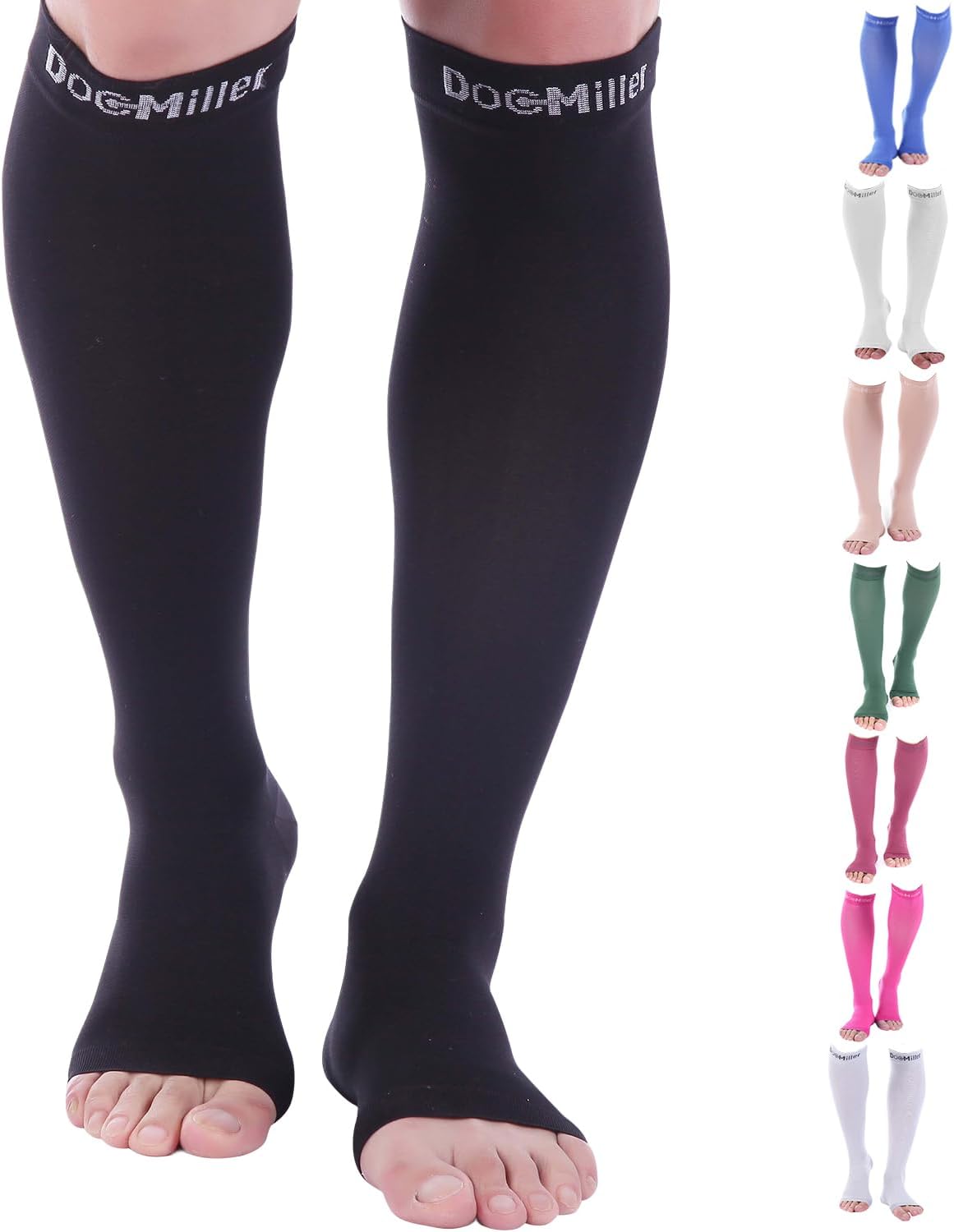 Doc Miller Open Toe Compression Socks, 20-30 mmHg, Toeless, Support Circulation, Shin Splints, Calf Recovery, Post Op, Knee High, Medical Grade, Black Socks, X-Large Size for Men & Women, Pair