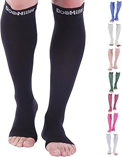 Doc Miller Open Toe Compression Socks, 20-30 mmHg, Toeless, Support Circulation, Shin Splints, Calf Recovery, Post Op, Knee High, Medical Grade, Black Socks, X-Large Size for Men & Women, Pair