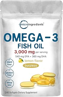 Omega 3 Fish Oil Supplements 3,000mg Per Serving, 240 Softgels | Lemon Flavored – Burpless | EPA 540mg + DHA 360mg | Heart & Brain Support | Deep Sea Fish