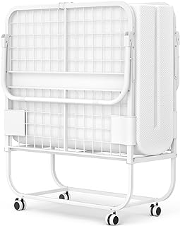 Homieasy Folding Bed with Mattress, Portable Foldable Bed with Storage Cover, Rollaway Bed for Adults with Memory Foam Mattress and Metal Frame, Cot Size Guest Bed on Wheels- White, 75” x 31”