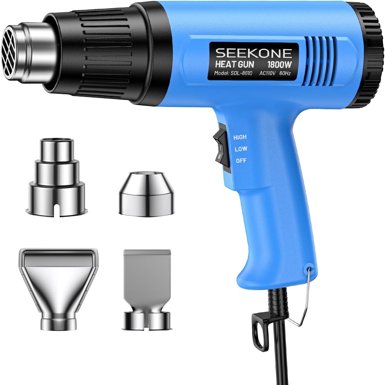 SEEKONE Heat Gun, 1800W Heavy Duty Hot Air Gun Kit Dual-temperature Setting 572℉&1112℉, Hot Heat Gun with Overheat Protection, 4 Nozzles Included, for Shrinking PVC, Stripping Paint, Crafts (5.2ft)