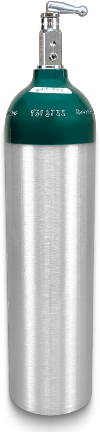 ResOne Portable Aluminum Medical Oxygen Cylinder, D Size, with CGA-870 Toggle Valve for Medical Use - Non-Sparking, Green Dome, Brushed Finish, 14.3 cf, Ships Empty, Prescription Required to Fill