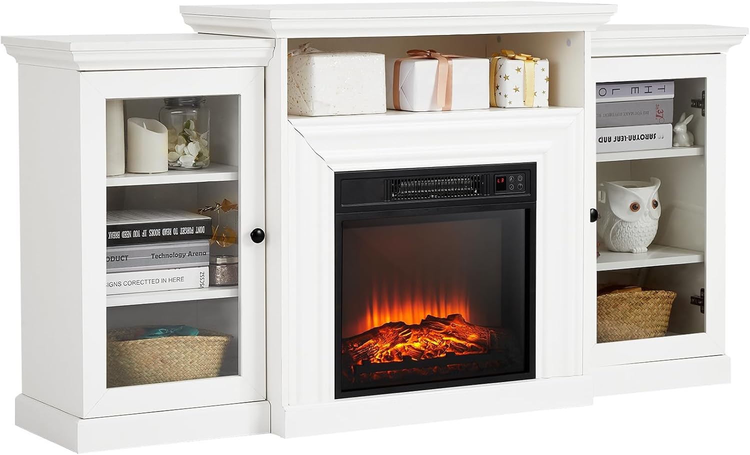 60" Fireplace TV Stand with Mantel, Electric Fireplace, 3D Flame, Adjustable Heat & Storage, Entertainment Center for Living Room or Bedroom, Remote Control, White