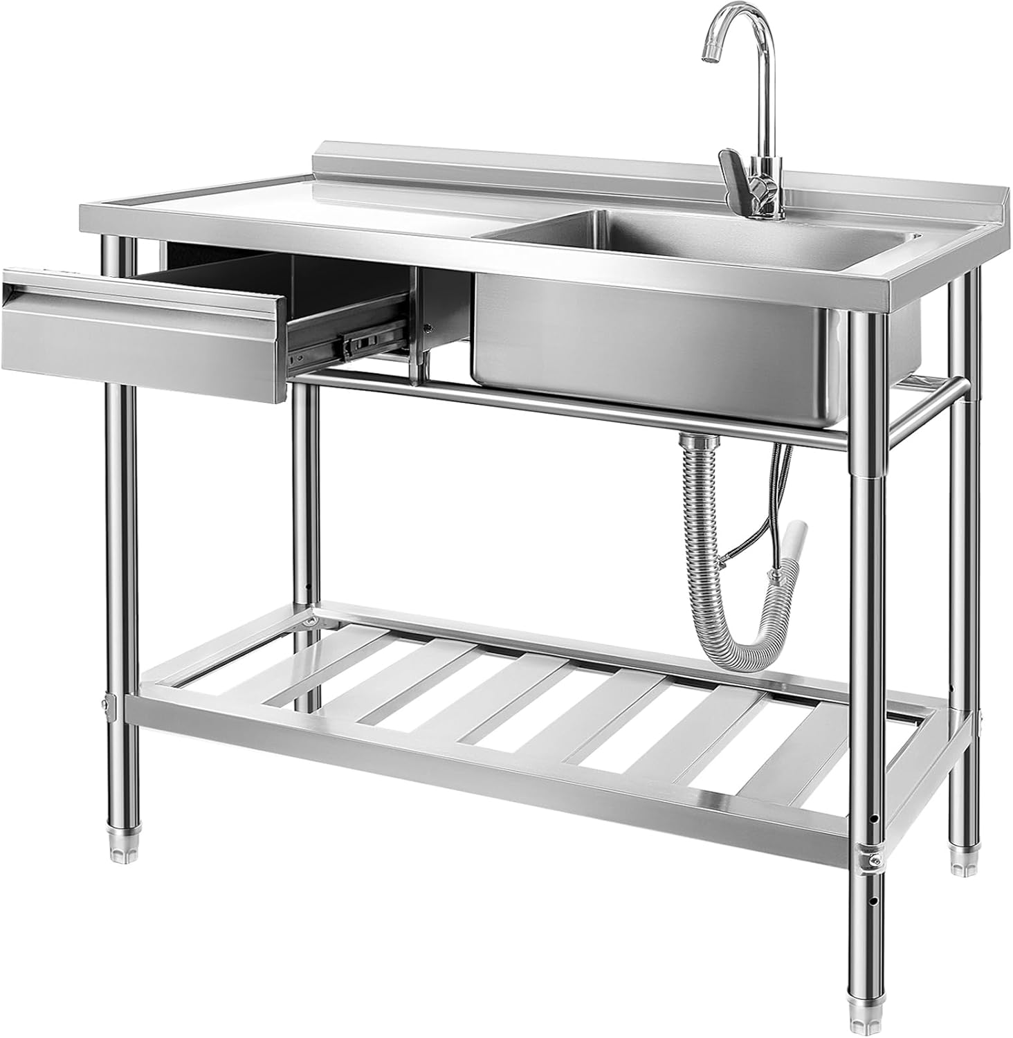 YORKING Stainless Steel Utility Sink, Free Standing Single Bowl Kitchen Commercial Sink Set with Drawer Storage & Cold and Hot Water Pipe for Indoor and Outdoor, Silver (47 inch)