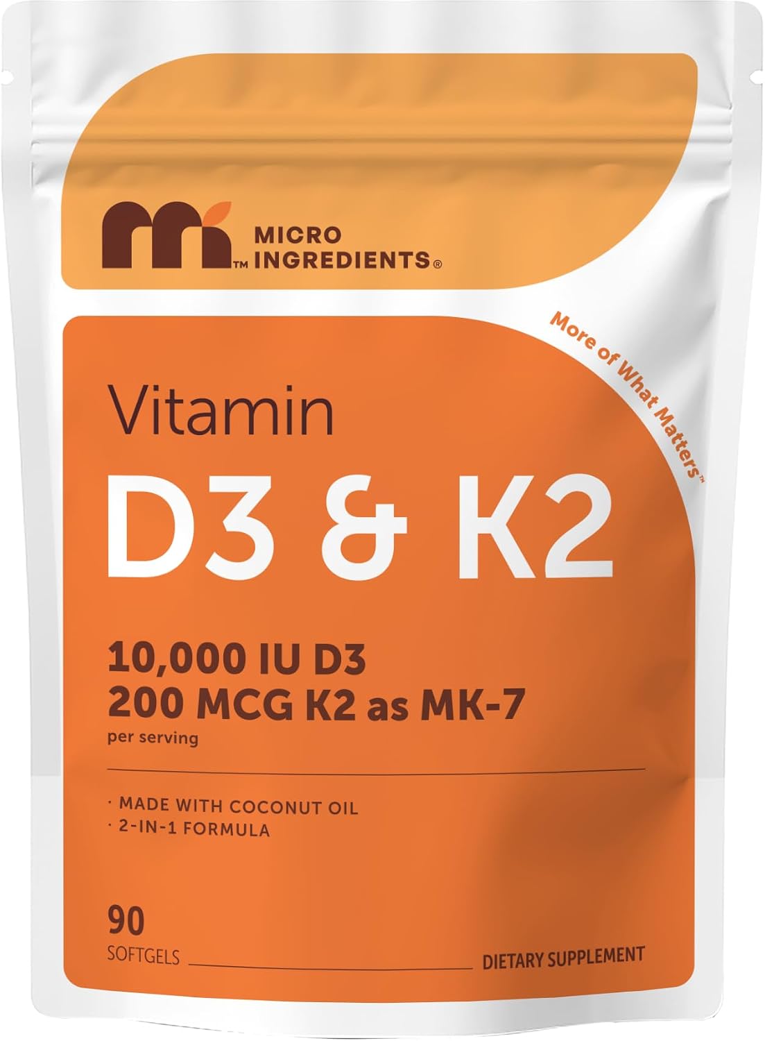 Micro Ingredients Vitamin D3 10,000 IU + K2 MK-7 200 mcg Per Serving, 90 Softgels | Extra Strength* 2-in-1 D3 K2 Supplement | Easy-to-Swallow Softgels Made with Coconut Oil | Non-GMO, Gluten Free
