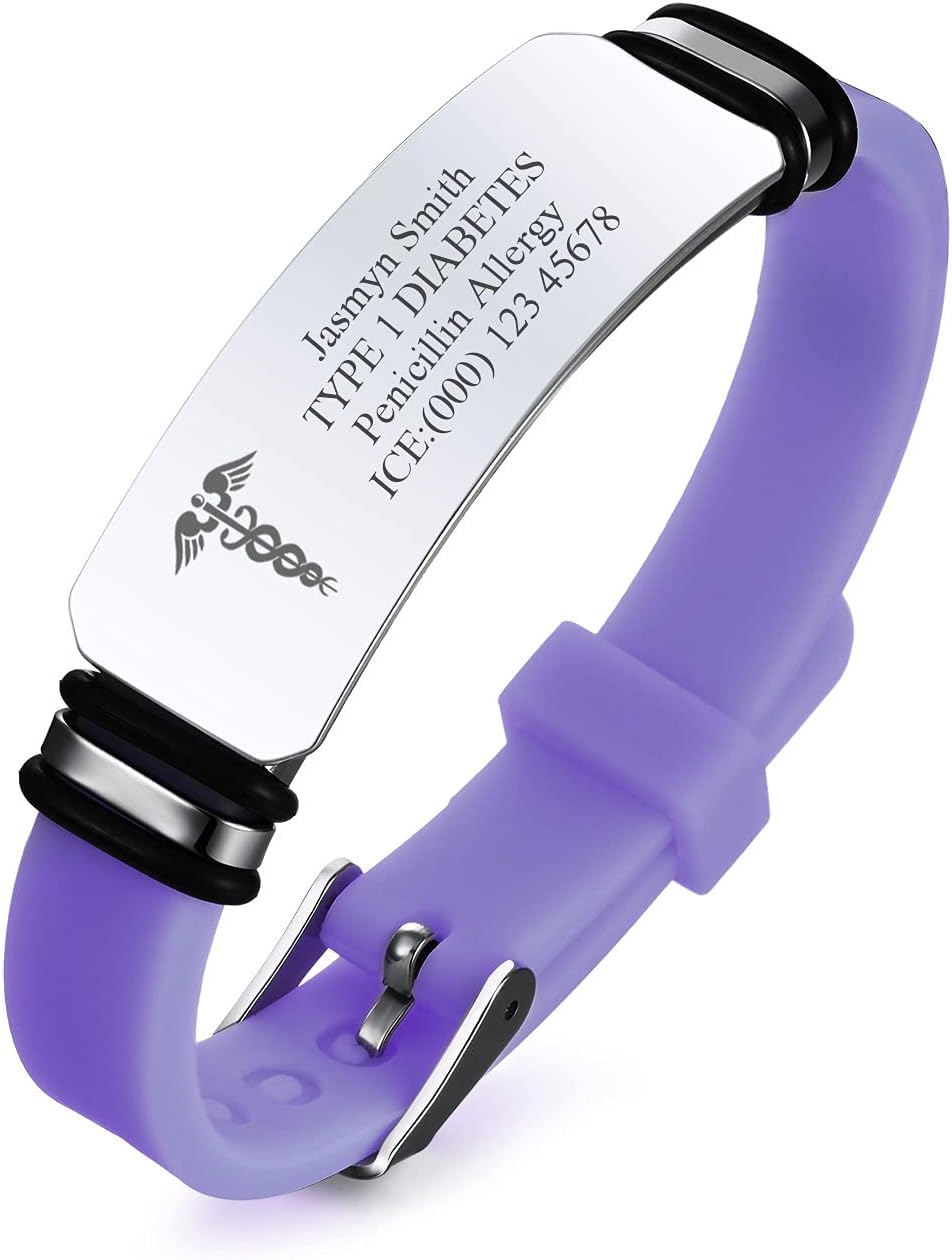 PJ JEWELLERY Personalised Medical Alert Bracelet for Women - Customised Silicone Sport Wristband Emergency ID Bracelets for Womens Teens Girls, Medical ID SOS Outdoor Daily Bracelet Adjustable