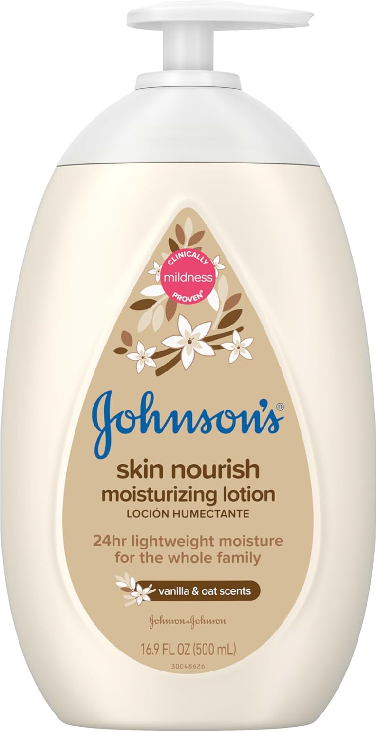 Johnson's Skin Nourish Moisturizing Baby Lotion for Dry Skin with Vanilla & Oat Scents, Gentle & Lightweight Body Lotion for the Whole Family, Hypoallergenic, Dye-Free, 16.9 fl. oz