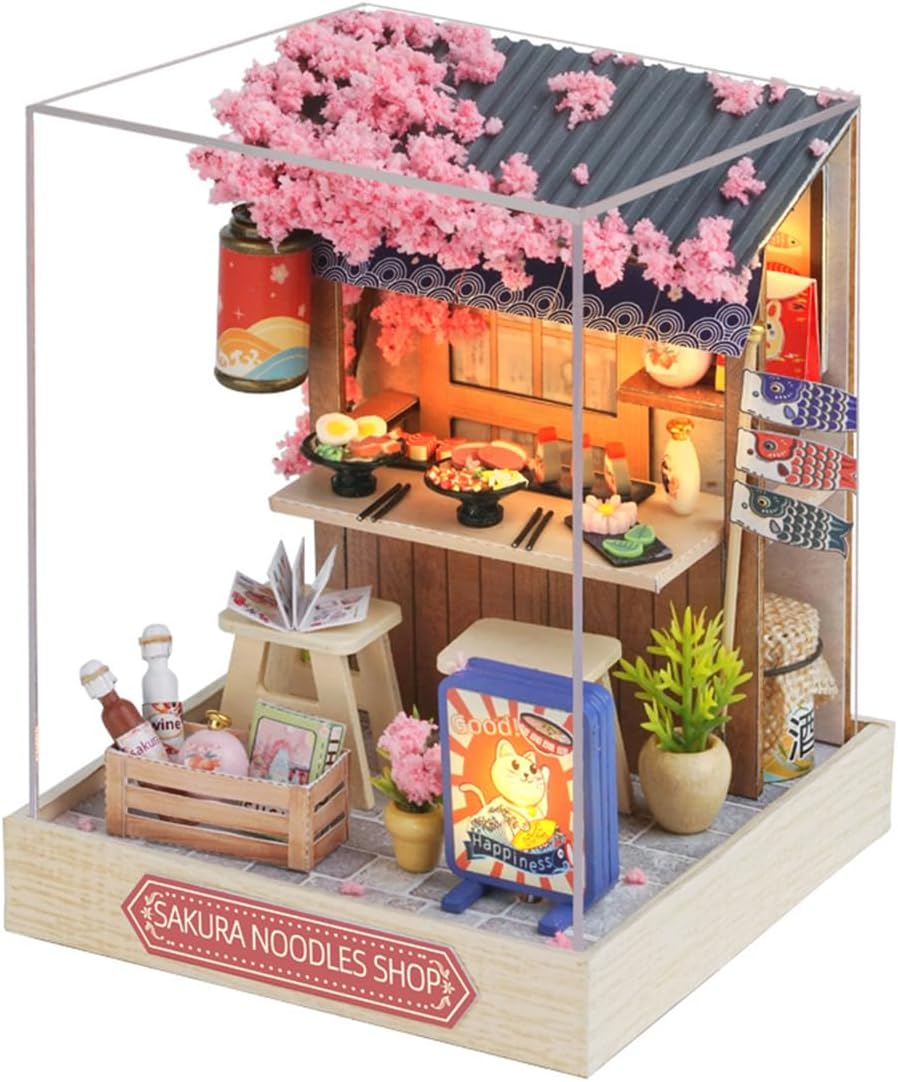 ieron DIY Miniature Doll House Kit,Mini Handmade House Model DIY Crafts Kit with Dust Cover, 3D Wooden Dollhouse Kits,Tiny Building Kit for Birthday Gift,Sakura Noodle Shop