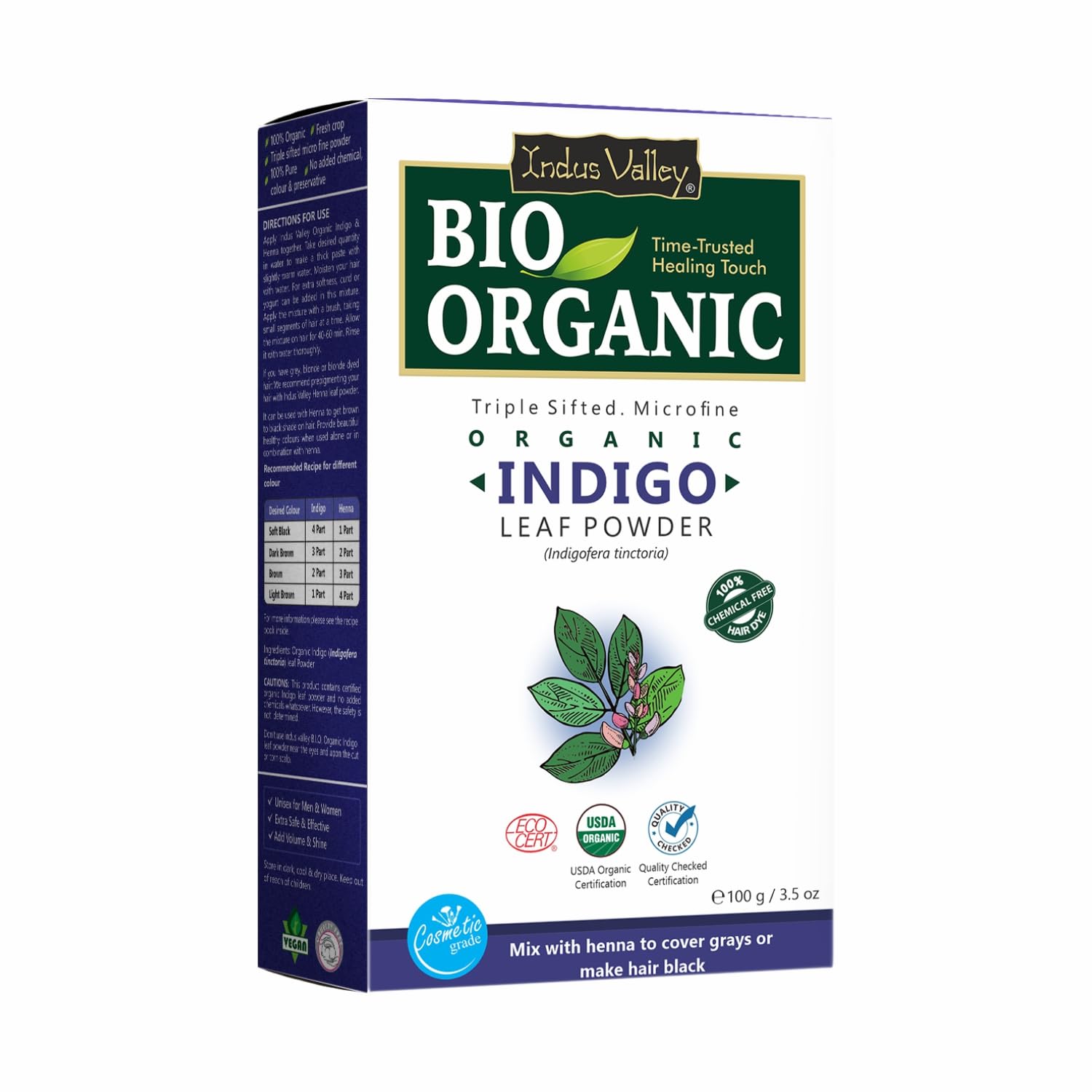 Indus Valley Bio Organic 100% Pure Indigo Powder Color for Natural Hair Dyeing | Organic Indigo Powder Without Preservatives & Dyes | Protects Hair From Damage - 100 gm