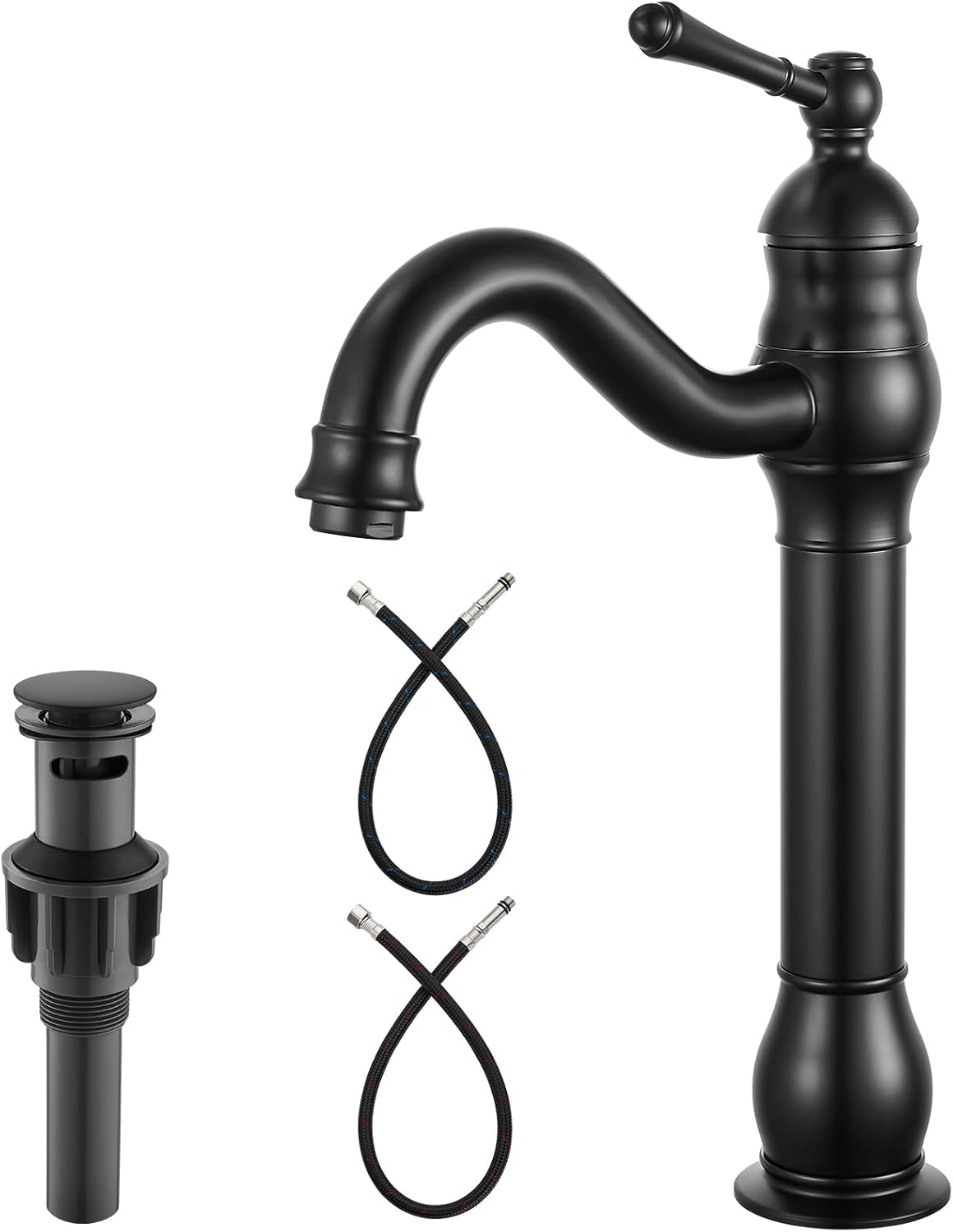 Heyalan Vessel Sink Faucet Tall Bathroom Faucet Single Handle 1 Hole High Spout with Drain Brass Material 360 Degree Adjustable Lavatory Vanity Mixer Tap,Straight Body,Matte Black