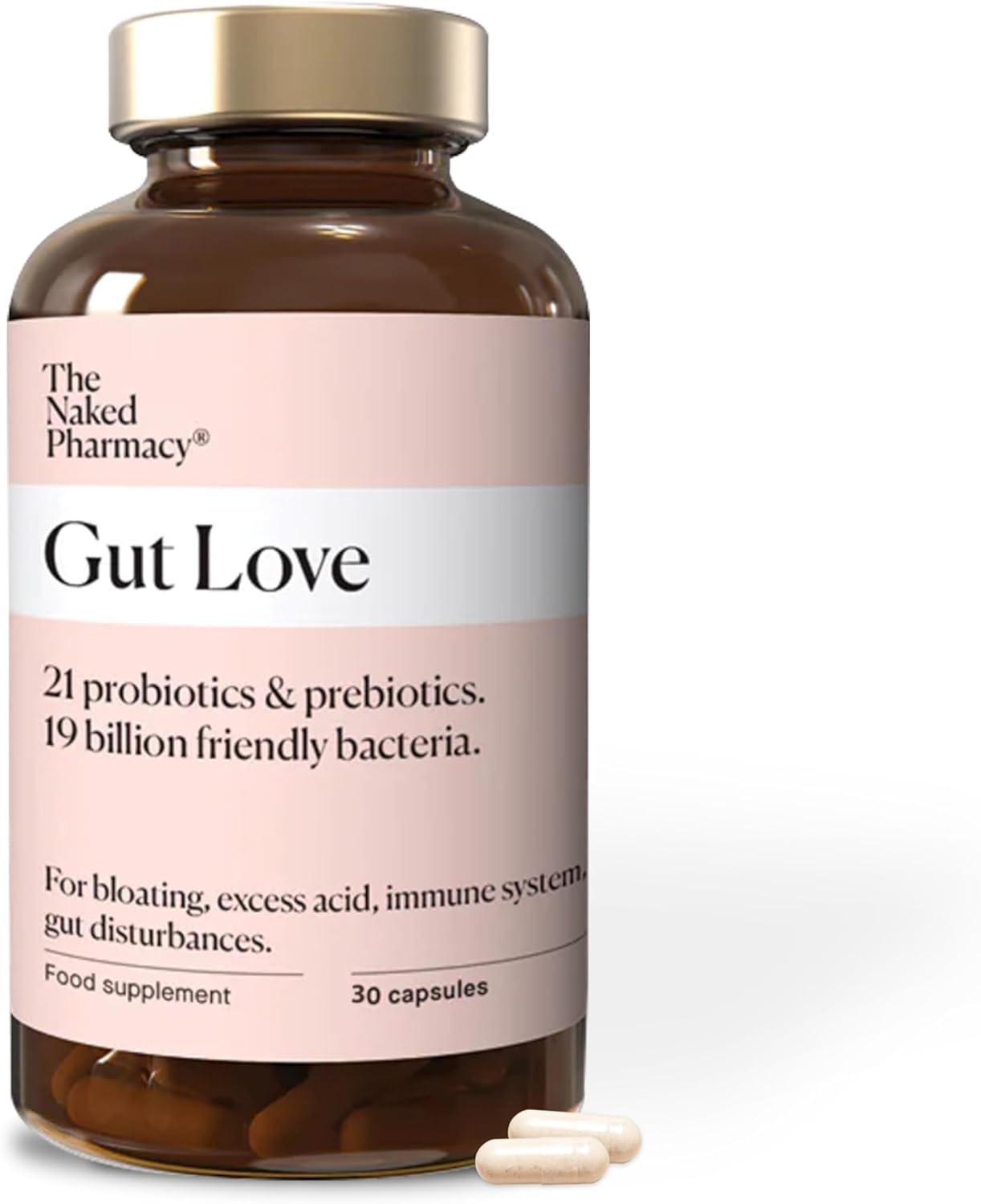 The Naked Pharmacy | Gut Love | Natural Probiotic & Prebiotic for Gut Health | High Strength | Digestive Supplements | Vegan | 30 Capsules