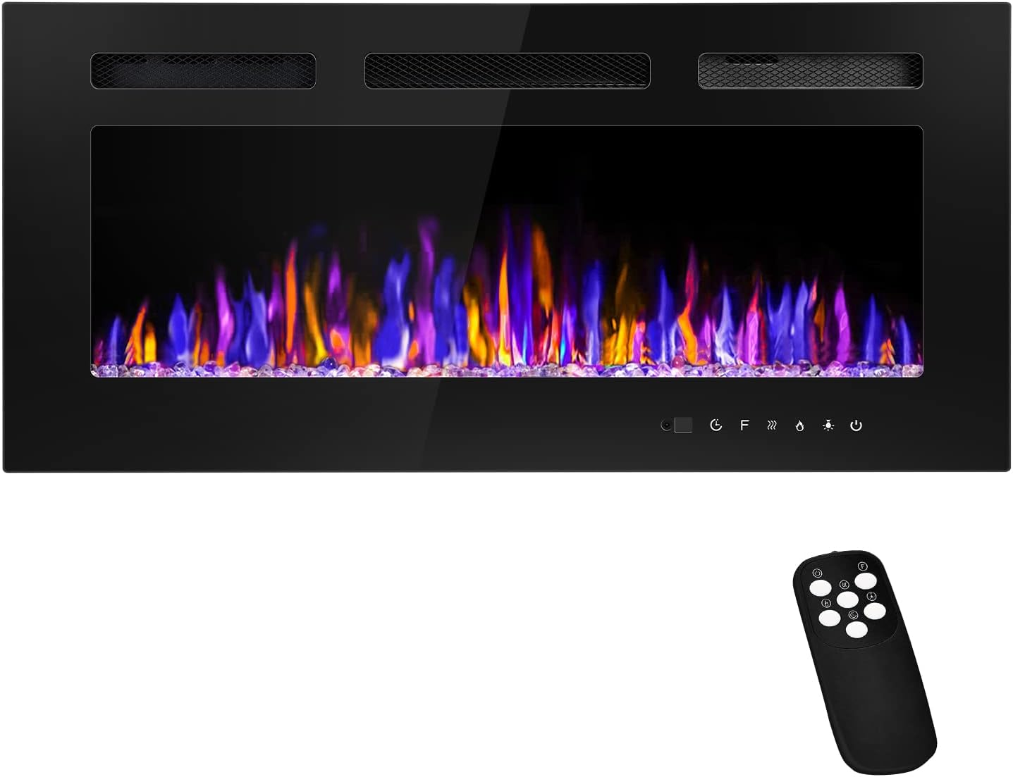 36" Electric Fireplace Wall Mounted and Recessed with Remote Control, 750/1500W Ultra-Thin Wall Fireplace Heater W/Timer Adjustable Flame Color and Brightness, Log Set & Crystal Options