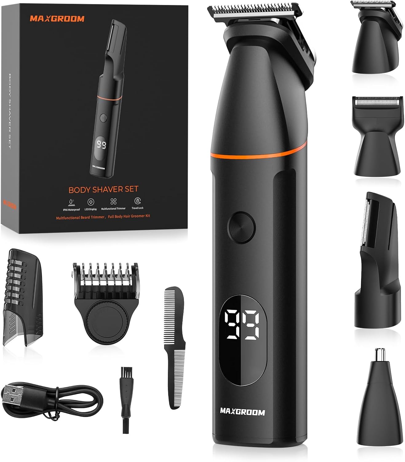 Body Hair Trimmer Men, MAXGROOM 4 in 1 Electric Body Groomer Beard Trimmer Men with Nose Hair Trimmer, Rechargeable Manscape Electric Razor, Private Parts, Beard, Back, Pubic (Black)