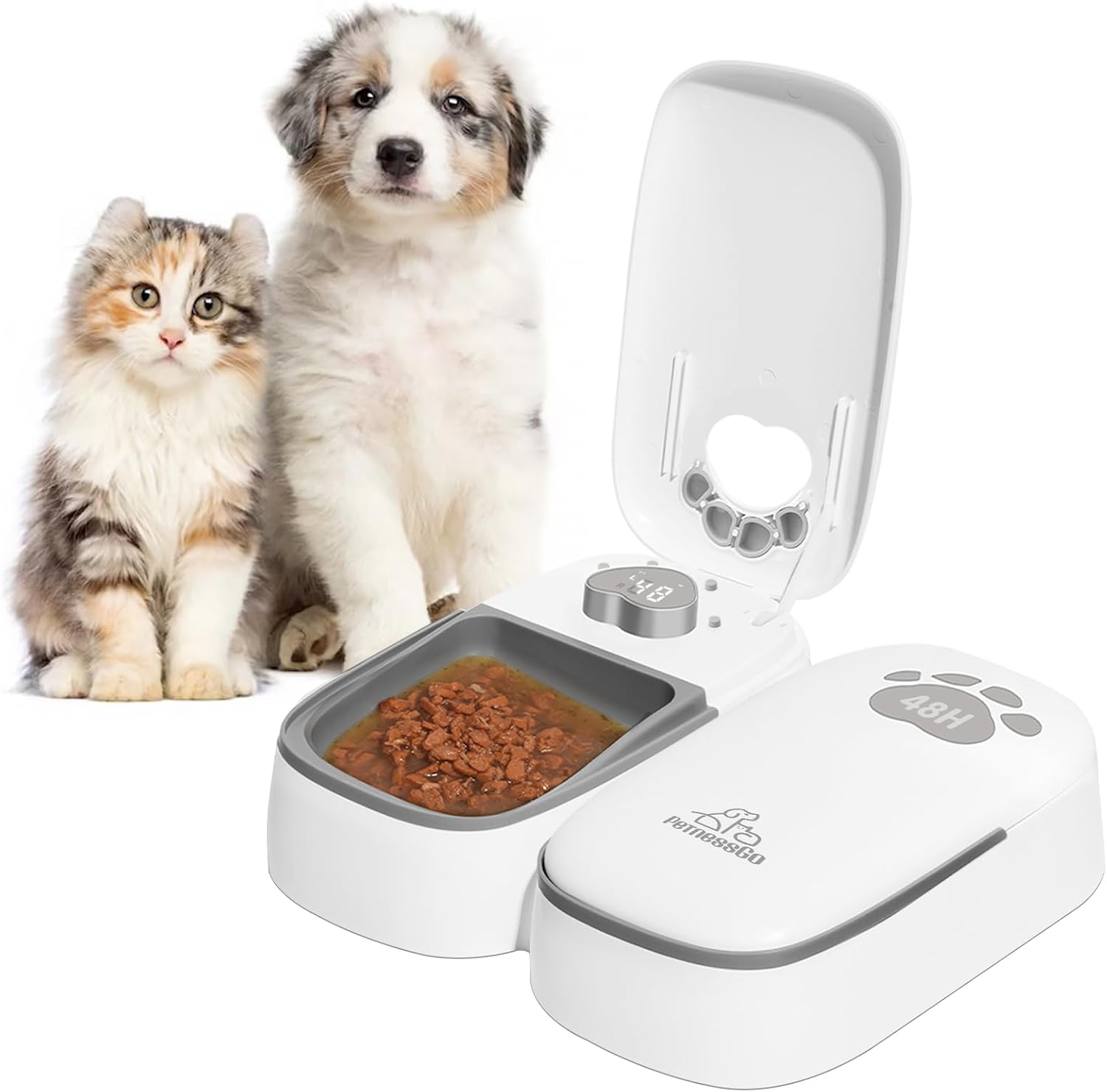 Automatic Cat Feeder 2 Meal, 48H Timer Wet Dry Cat Food Dispenser, with Display and Power Saving Mode, for Cat and Dog Automatic Feeder