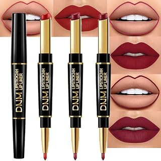 evpct 3Pcs Dark Ruby Wine Red Lip Liner and Lipstick Set Kit for Women DNM Matte Matt 24 Hour Lipstick and with Lip Liner Pencil Set Waterproof Long Lasting 24 labial labiales mate 24 horas originales