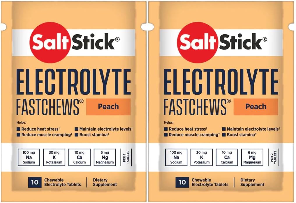 SaltStick Fastchews, Electrolyte Replacement Tablets for Rehydration, Exercise Recovery, Youth & Adult Athletes, Hiking & Sports Recovery, 2 x Packets of 10 Tablets (Peach)