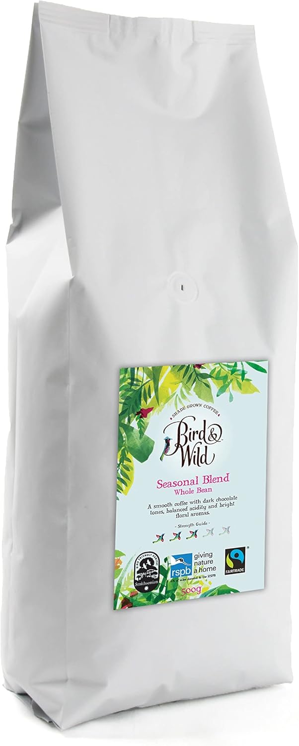 Fairtrade Organic Coffee Beans 500g - Medium Roast - Shade Grown Bird Friendly Certified - Bird & Wild Coffee - Donation to RSPB - Strength 3-100% Arabica