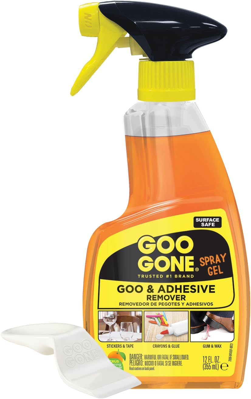 Goo Gone Adhesive Remover Spray Gel, Removes Chewing Gum, Grease, Tar, Stickers, Labels, Tape Residue, Oil, Blood, Lipstick, Mascara, 12 oz with Sticker Lifter