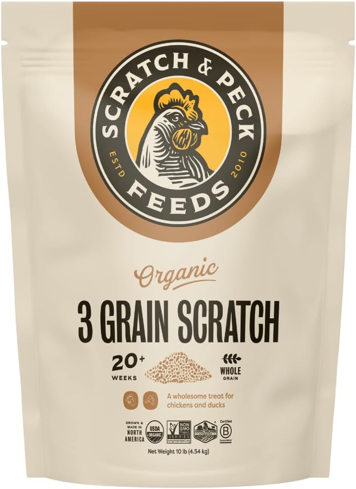 Scratch and Peck 3 Grain Scratch Chicken and Duck Supplemental Grain - 10 lbs Bag - Corn-Free and Soy-Free - 9.8% Protein, Certified Organic and Non-GMO Project Verified Chicken Food