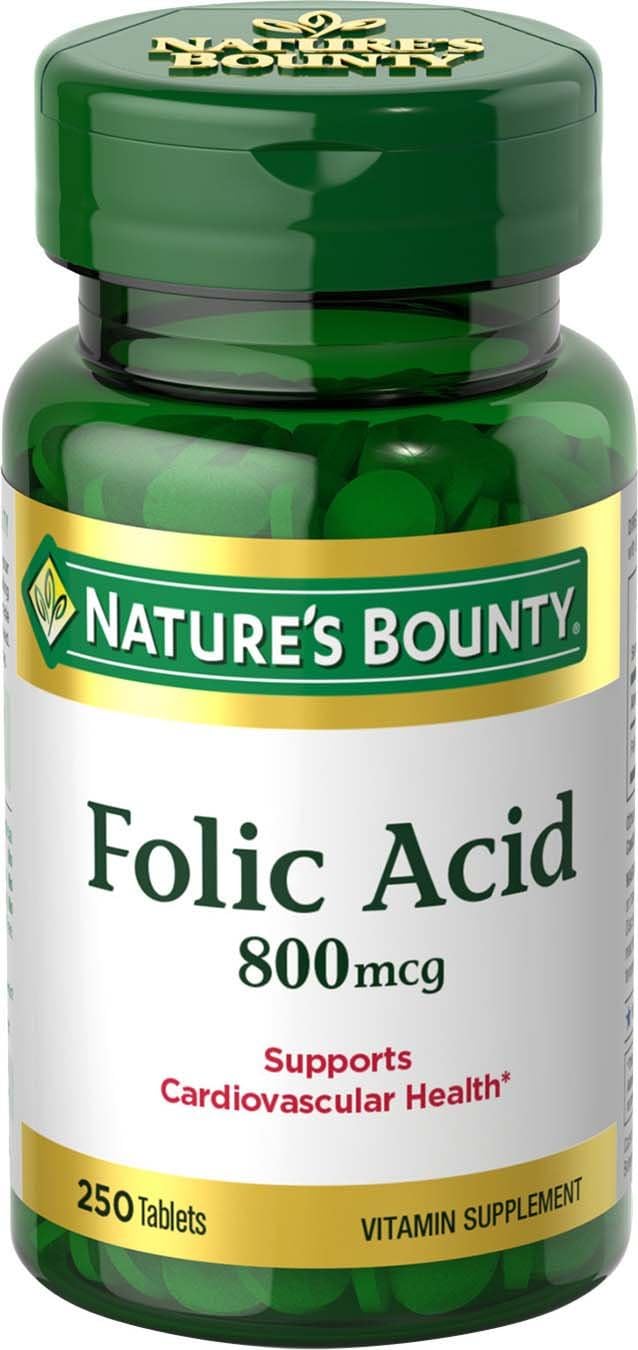 Nature's Bounty Folic Acid Supplement, Supports Cardiovascular Health, 800mcg, Tablet 250 Count(Pack of 3)